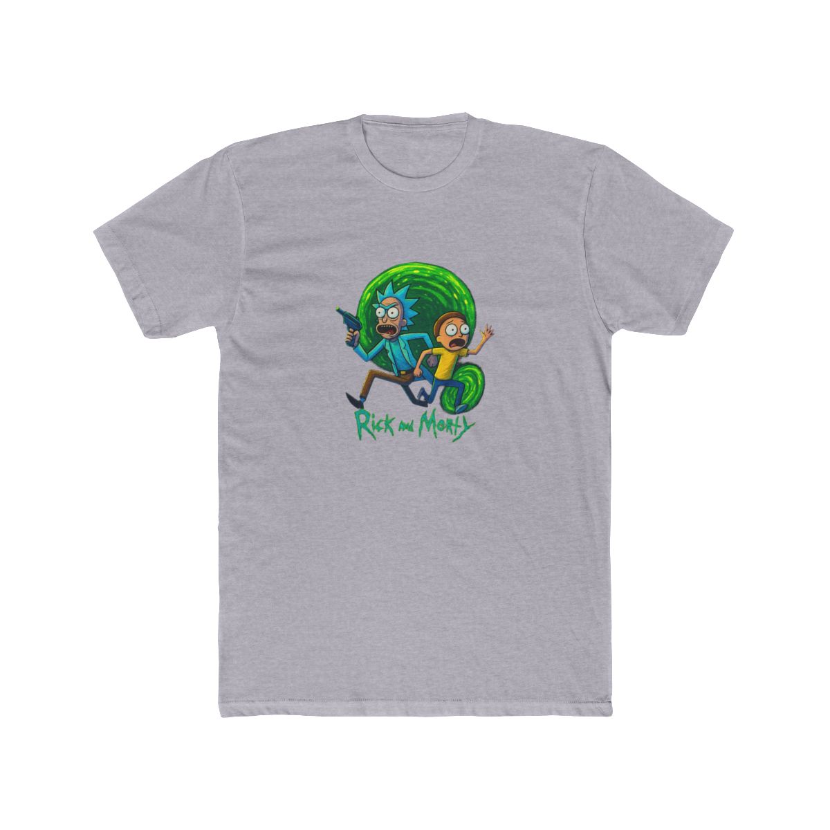 Dark grey t-shirt with a vibrant graphic of Rick and Morty. Rick, with blue hair and a lab coat, holds a ray gun, and Morty wears a yellow shirt. The design includes the show's logo at the bottom, set... - alternate angle 5, merchandise