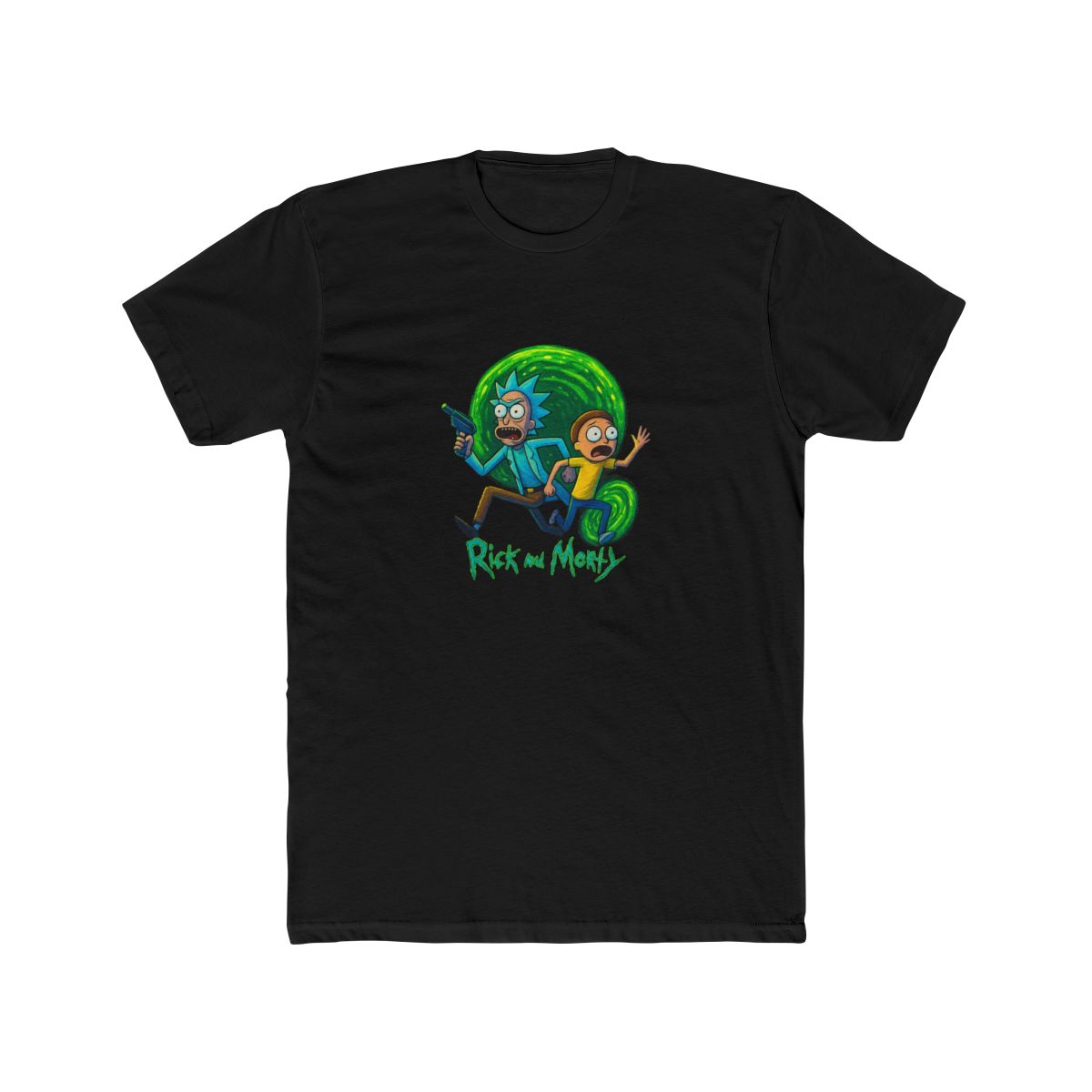 Dark grey t-shirt with a vibrant graphic of Rick and Morty. Rick, with blue hair and a lab coat, holds a ray gun, and Morty wears a yellow shirt. The design includes the show's logo at the bottom, set...