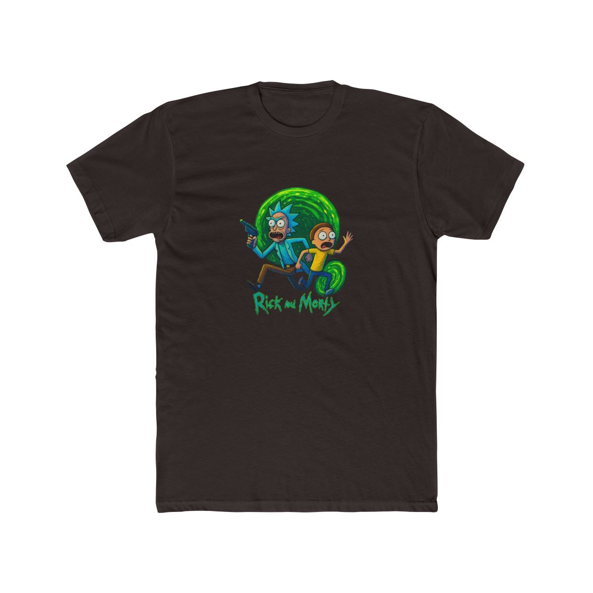 Dark grey t-shirt with a vibrant graphic of Rick and Morty. Rick, with blue hair and a lab coat, holds a ray gun, and Morty wears a yellow shirt. The design includes the show's logo at the bottom, set... - Official T-Shirts merchandise