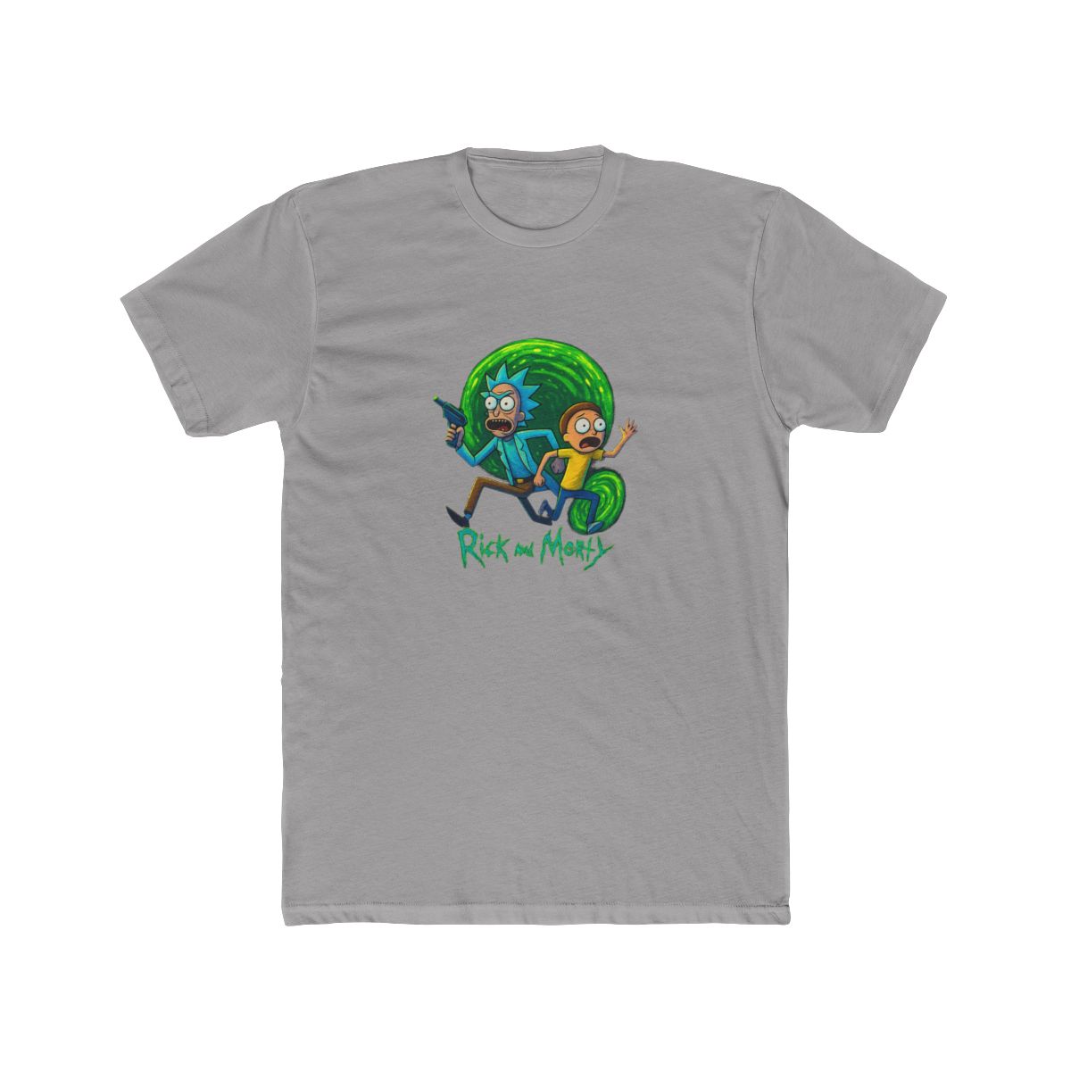 Dark grey t-shirt with a vibrant graphic of Rick and Morty. Rick, with blue hair and a lab coat, holds a ray gun, and Morty wears a yellow shirt. The design includes the show's logo at the bottom, set... - alternate angle 3, merchandise