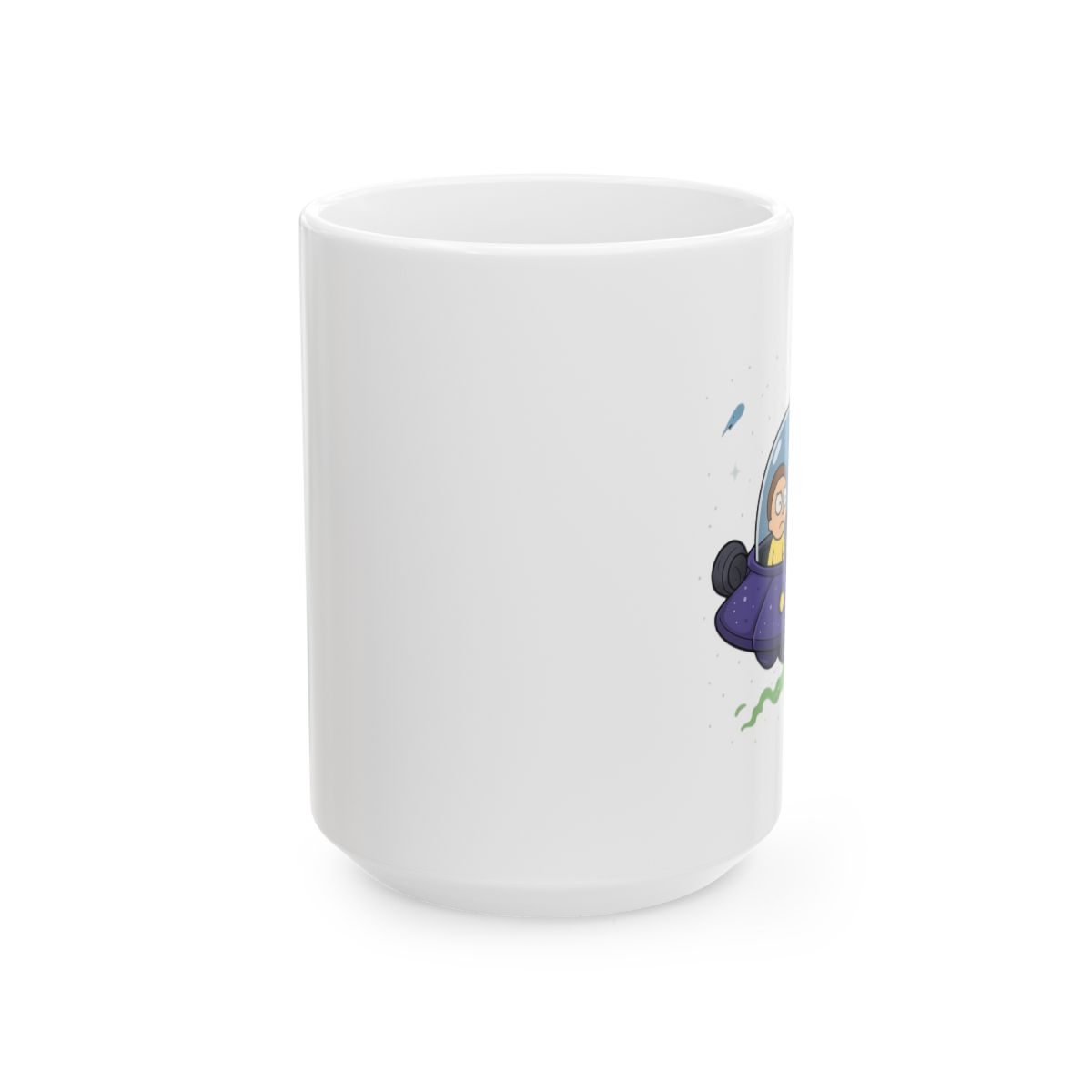 A blue ceramic mug with a green rim features a cartoon image of two characters in a spaceship flying through space. The characters are from the animated television show Rick and Morty - alternate angle 2, merchandise