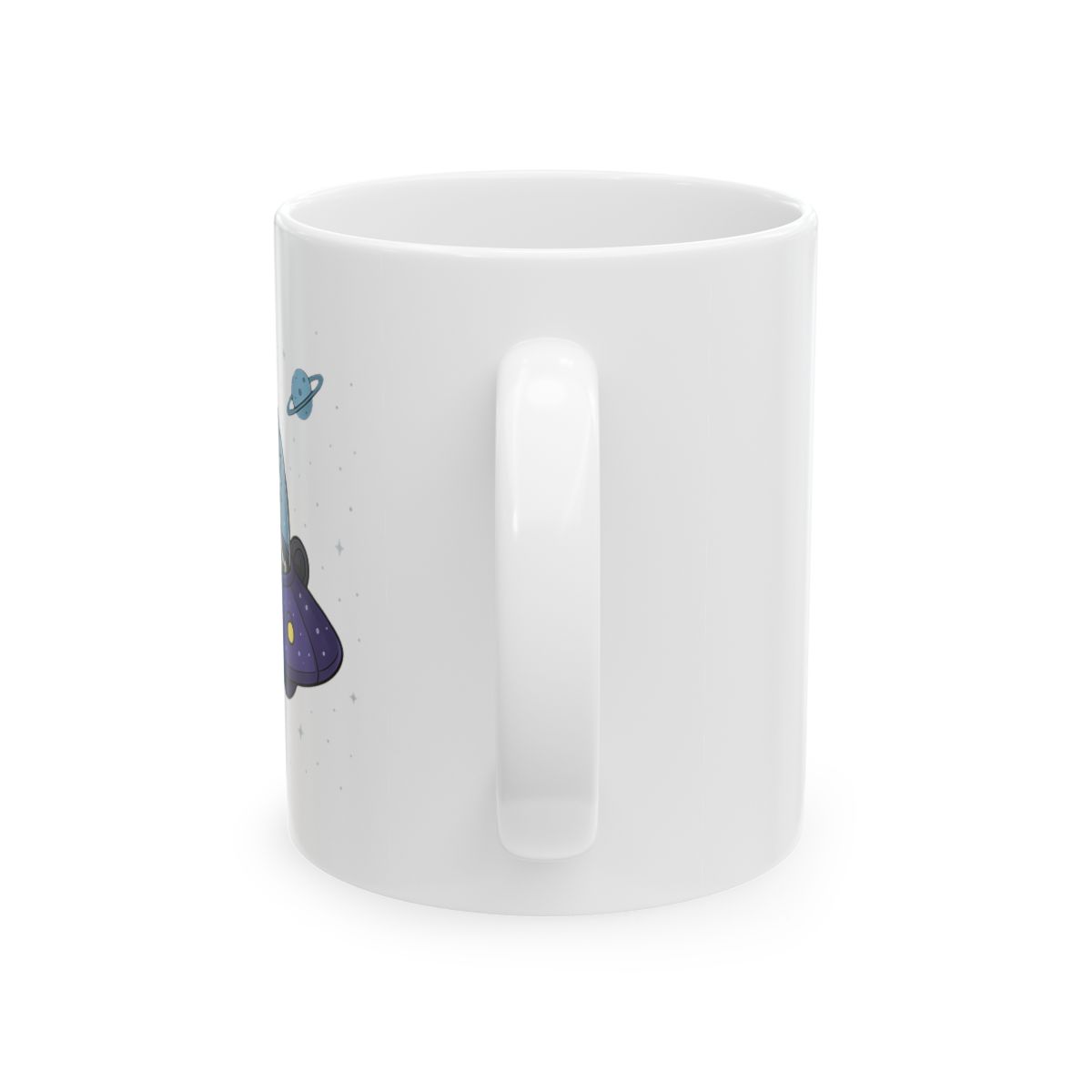 A blue ceramic mug with a green rim features a cartoon image of two characters in a spaceship flying through space. The characters are from the animated television show Rick and Morty - alternate angle 3, merchandise