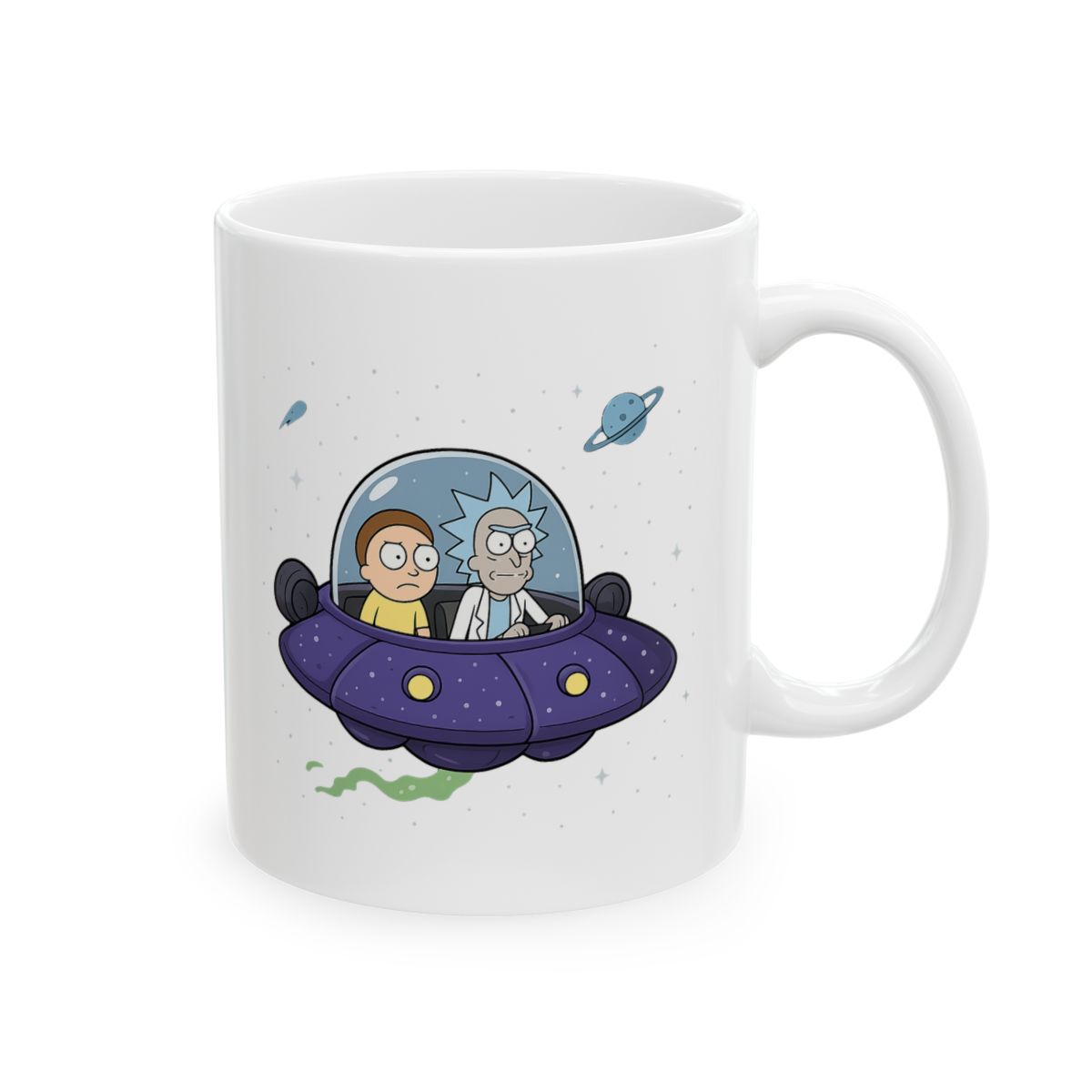 A blue ceramic mug with a green rim features a cartoon image of two characters in a spaceship flying through space. The characters are from the animated television show Rick and Morty