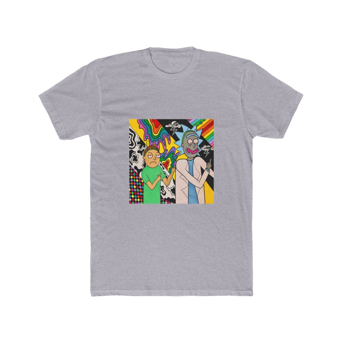 A colourful painting on T Shirt featuring two cartoon characters, Rick and Morty, with psychedelic backgrounds. Rick is wearing a white lab coat and Morty is wearing a green shirt. Both characters are...