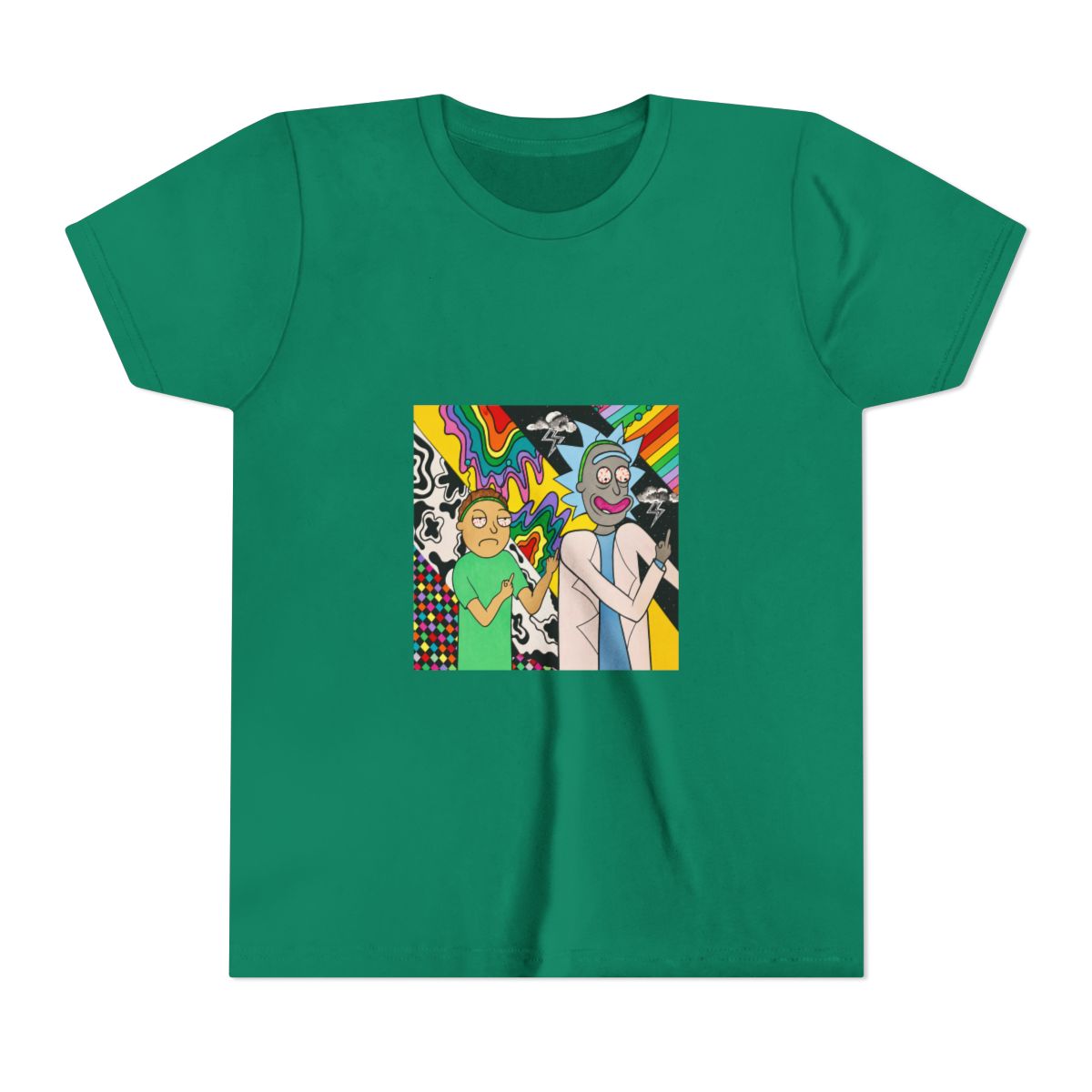 A colourful painting on T Shirt featuring two cartoon characters, Rick and Morty, with psychedelic backgrounds. Rick is wearing a white lab coat and Morty is wearing a green shirt. Both characters are... (Kids)