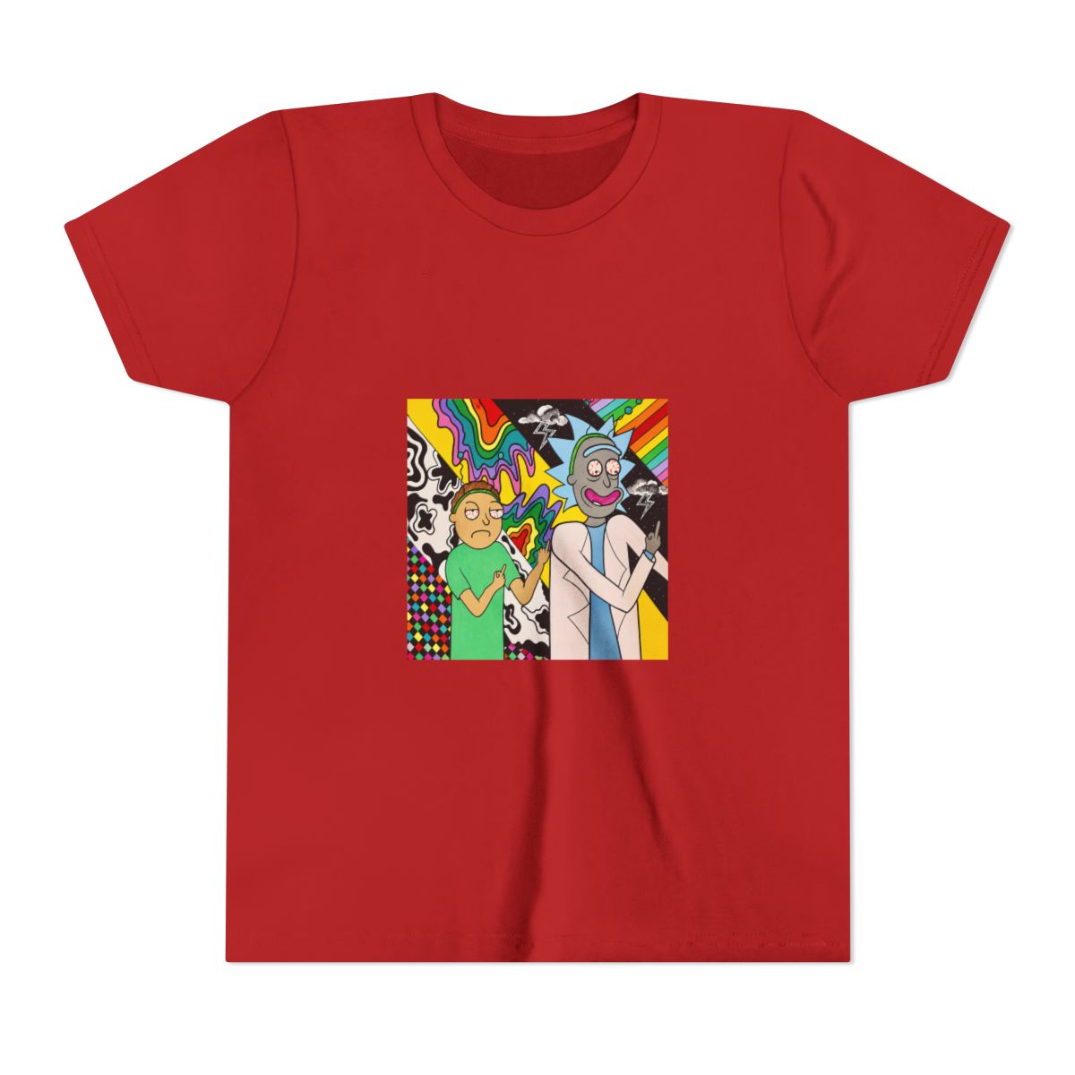 A colourful painting on T Shirt featuring two cartoon characters, Rick and Morty, with psychedelic backgrounds. Rick is wearing a white lab coat and Morty is wearing a green shirt. Both characters are... (Kids) - alternate angle 5, merchandise