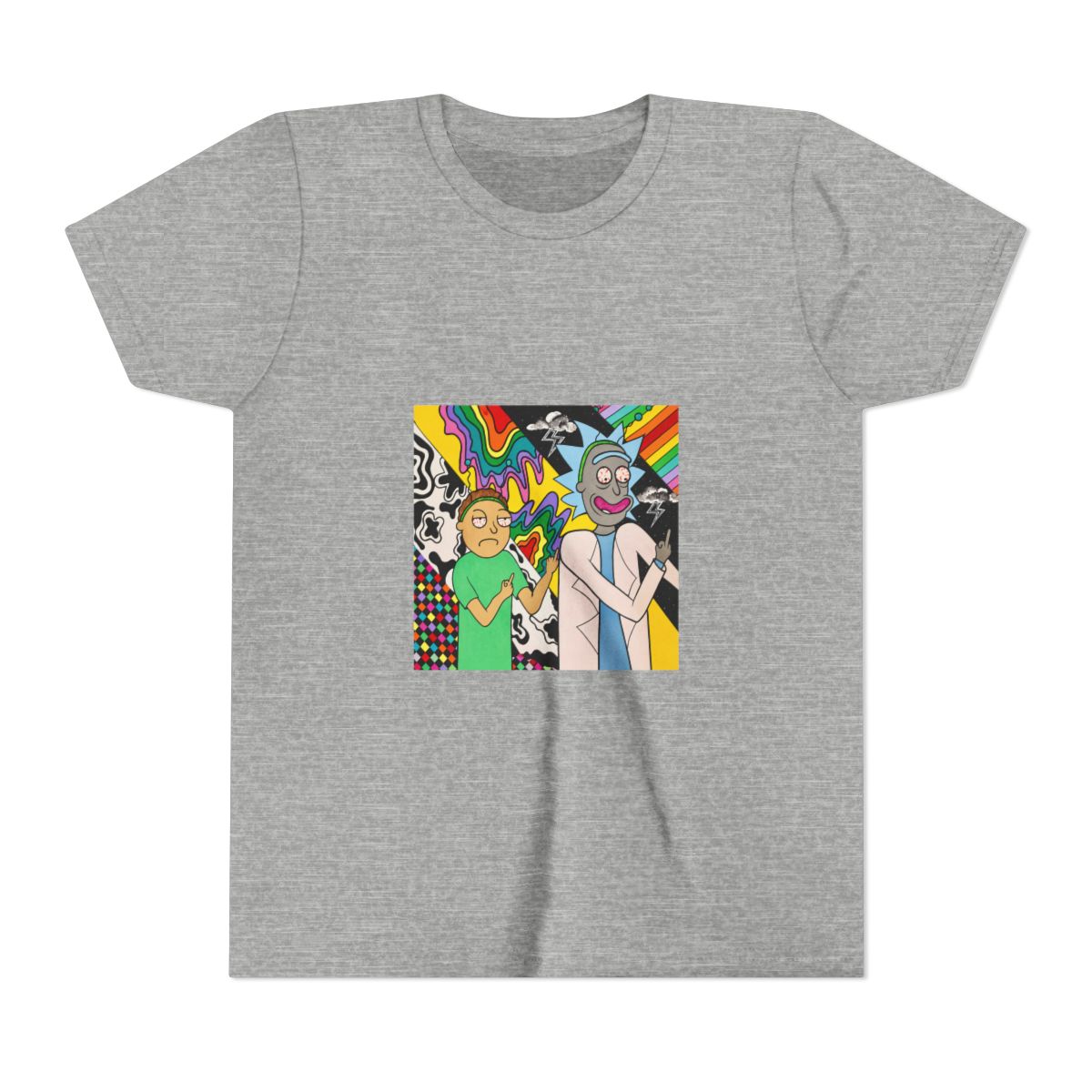 A colourful painting on T Shirt featuring two cartoon characters, Rick and Morty, with psychedelic backgrounds. Rick is wearing a white lab coat and Morty is wearing a green shirt. Both characters are... (Kids) - alternate angle 2, merchandise