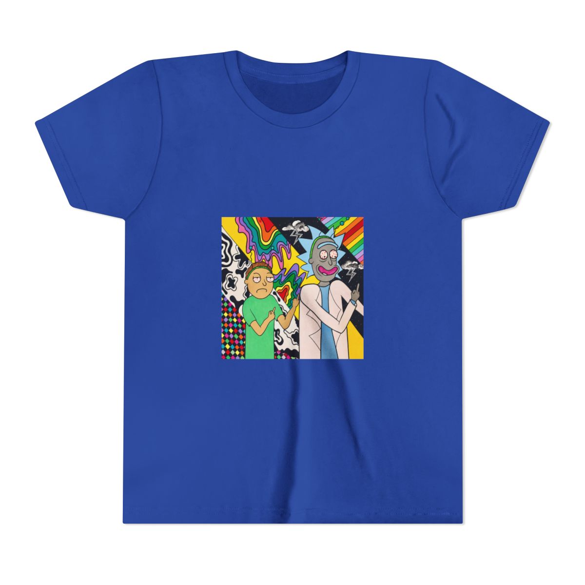 A colourful painting on T Shirt featuring two cartoon characters, Rick and Morty, with psychedelic backgrounds. Rick is wearing a white lab coat and Morty is wearing a green shirt. Both characters are... (Kids) - alternate angle 3, merchandise