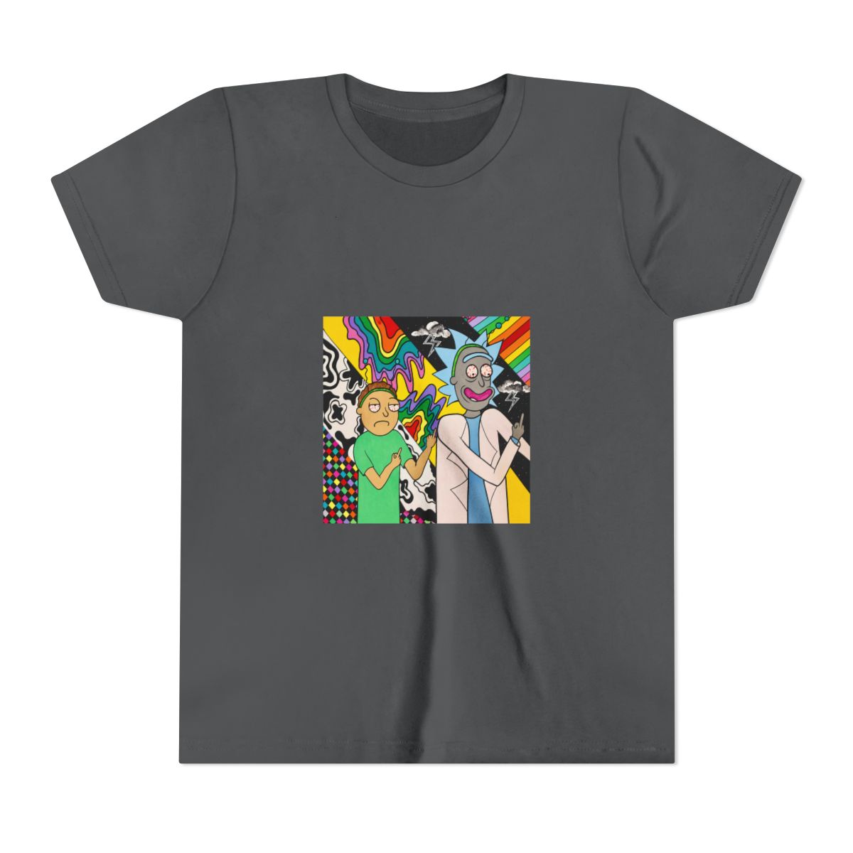 A colourful painting on T Shirt featuring two cartoon characters, Rick and Morty, with psychedelic backgrounds. Rick is wearing a white lab coat and Morty is wearing a green shirt. Both characters are... (Kids) - alternate angle 4, merchandise