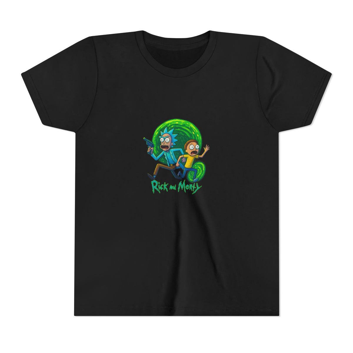 Dark grey t-shirt with a vibrant graphic of Rick and Morty. Rick, with blue hair and a lab coat, holds a ray gun, and Morty wears a yellow shirt. The design includes the show's logo at the bottom, set... (Kids)