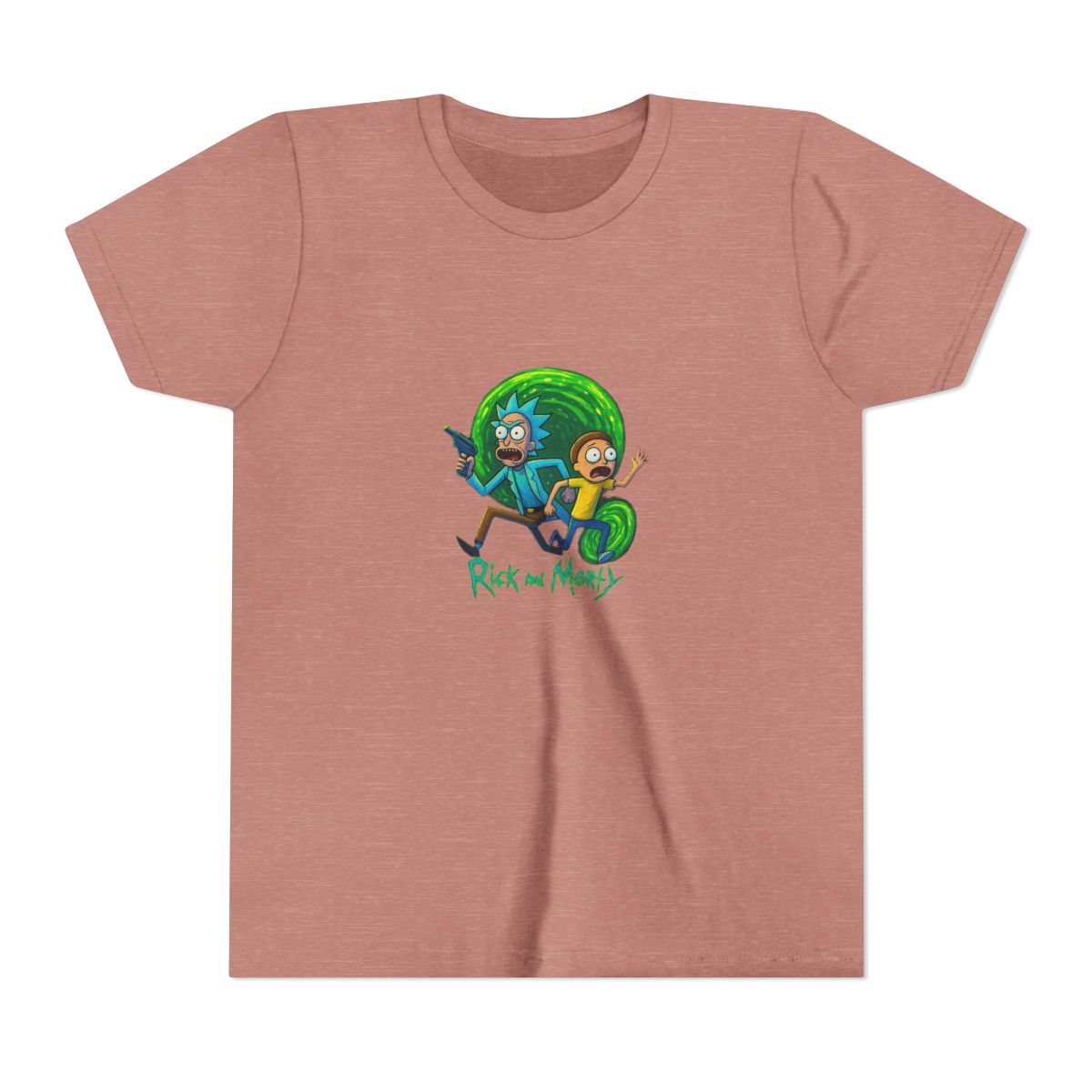 Dark grey t-shirt with a vibrant graphic of Rick and Morty. Rick, with blue hair and a lab coat, holds a ray gun, and Morty wears a yellow shirt. The design includes the show's logo at the bottom, set... (Kids) - Official T-Shirts merchandise