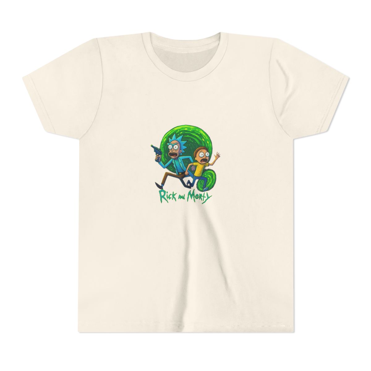 Dark grey t-shirt with a vibrant graphic of Rick and Morty. Rick, with blue hair and a lab coat, holds a ray gun, and Morty wears a yellow shirt. The design includes the show's logo at the bottom, set... (Kids) - alternate angle 3, merchandise